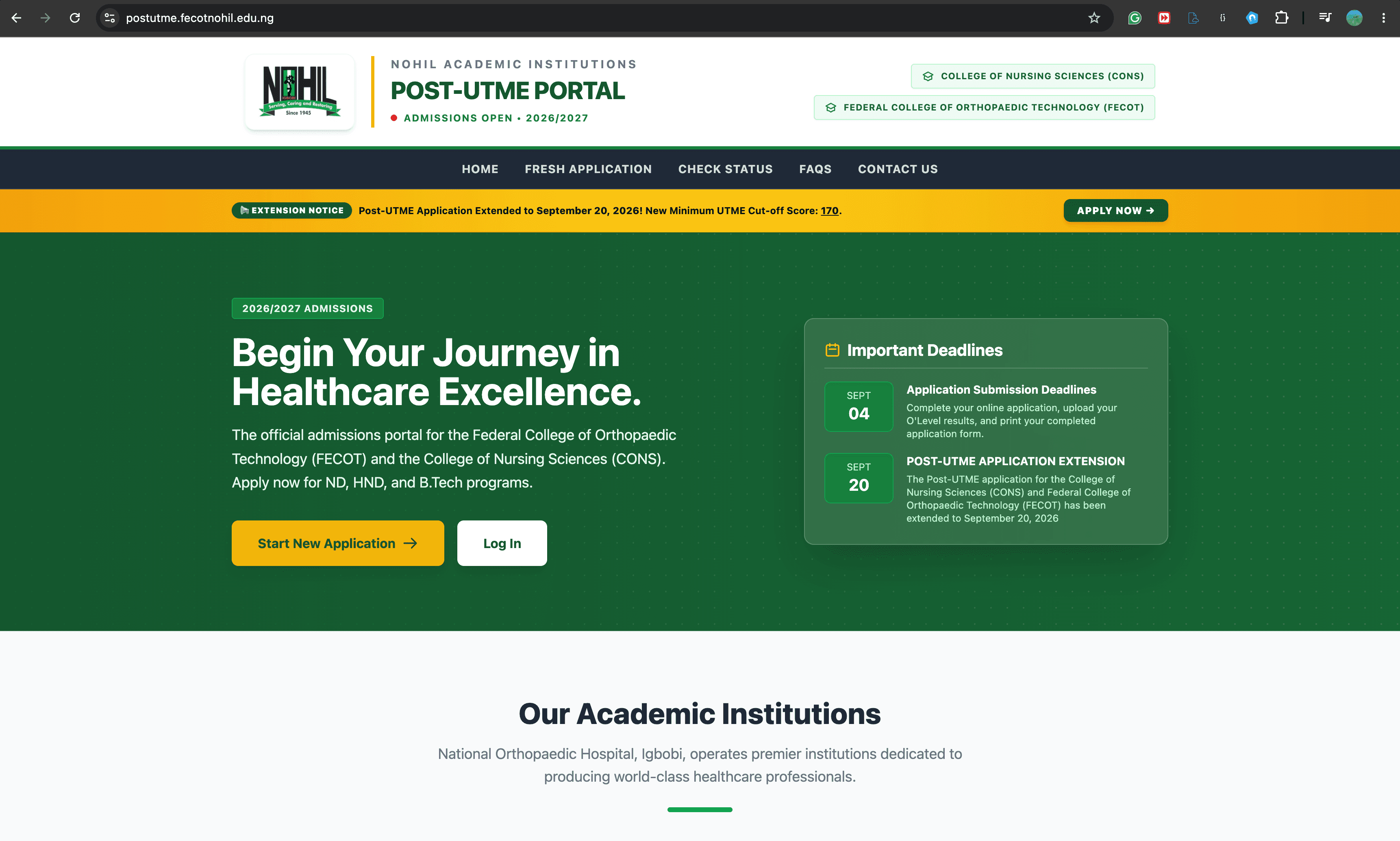 NOHIL Post-UTME Portal Landing page