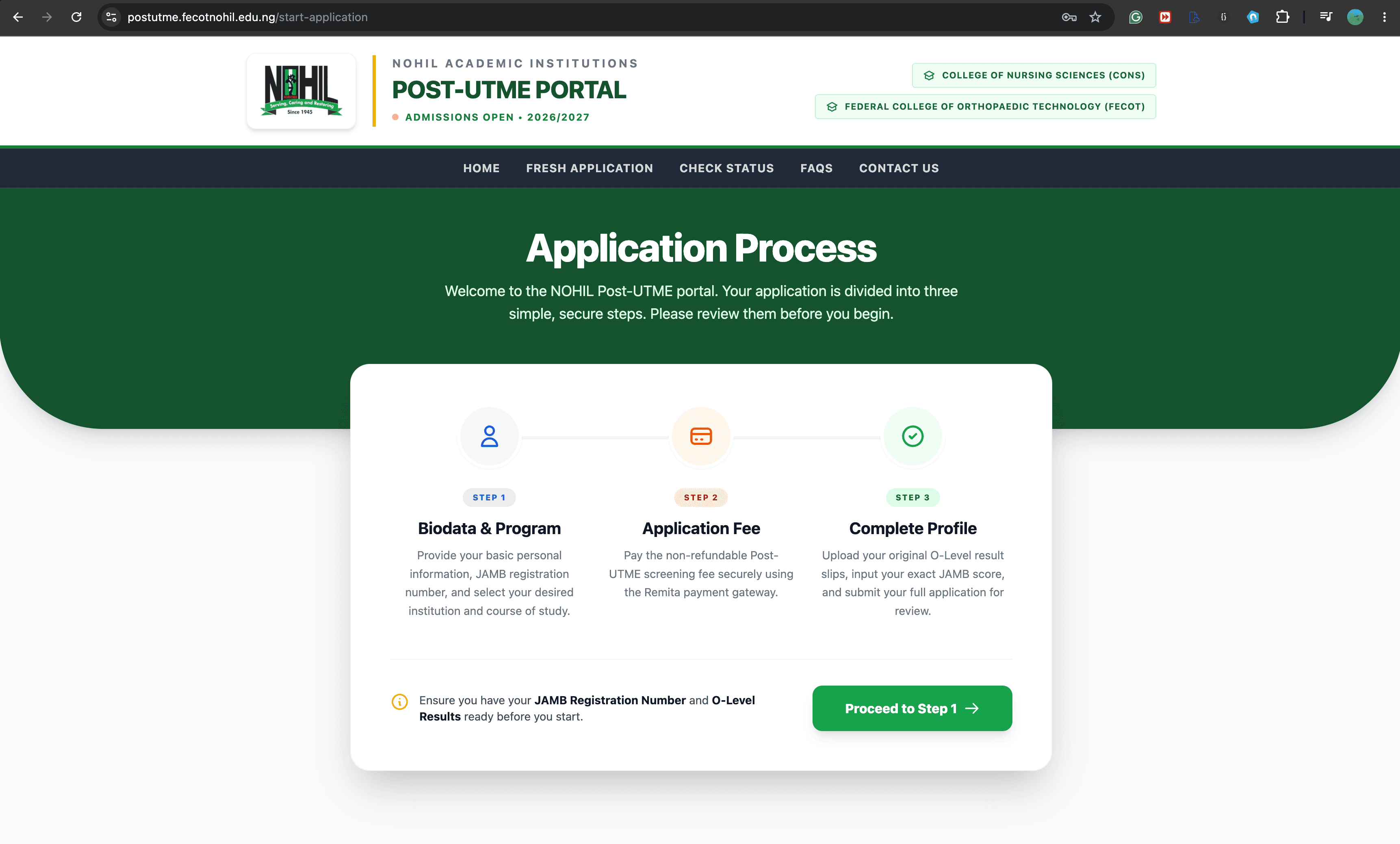 NOHIL Post-UTME Portal Registration onboarding