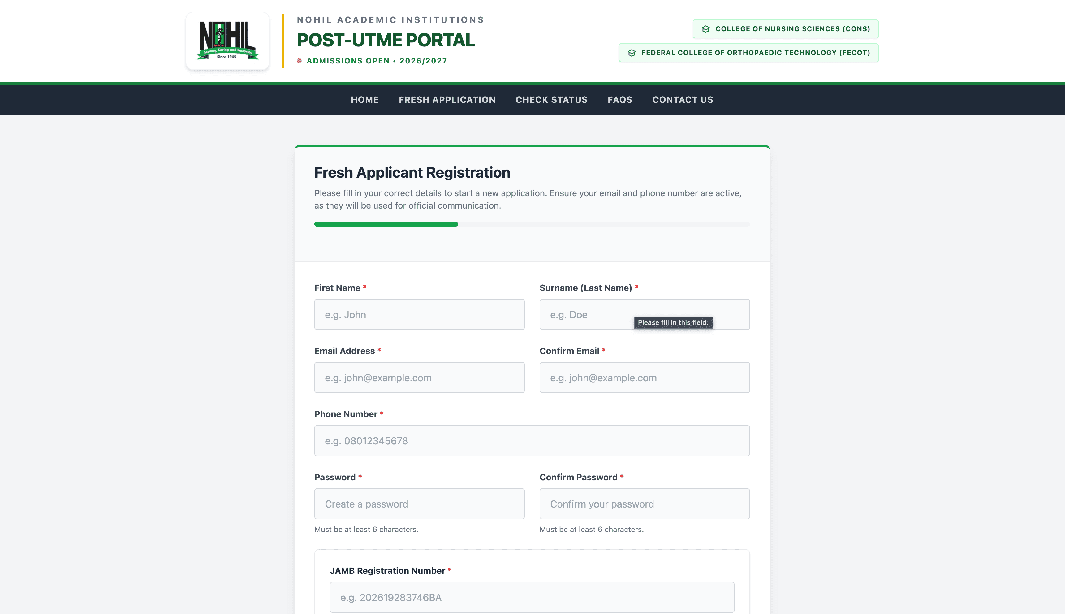 NOHIL Post-UTME Portal Registration