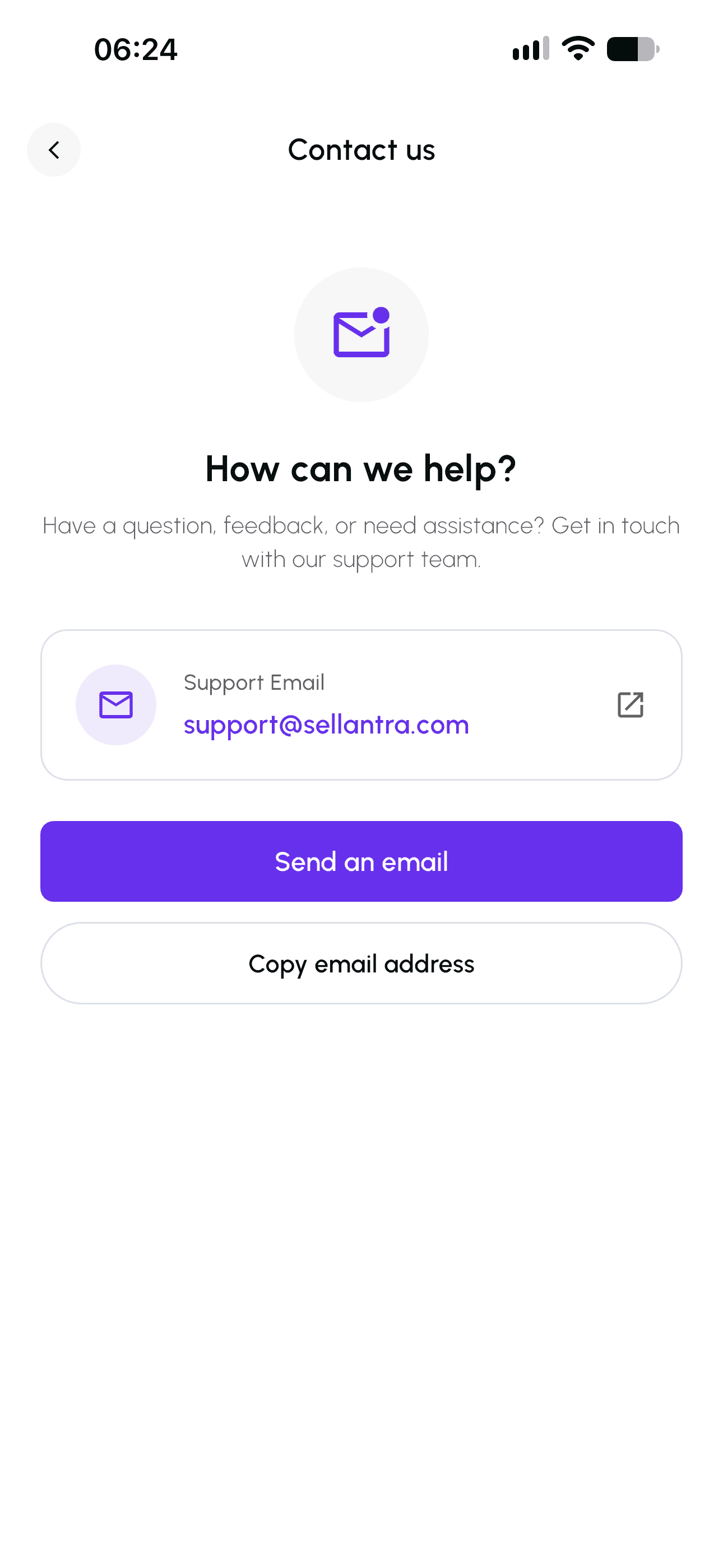 Contact and support screen