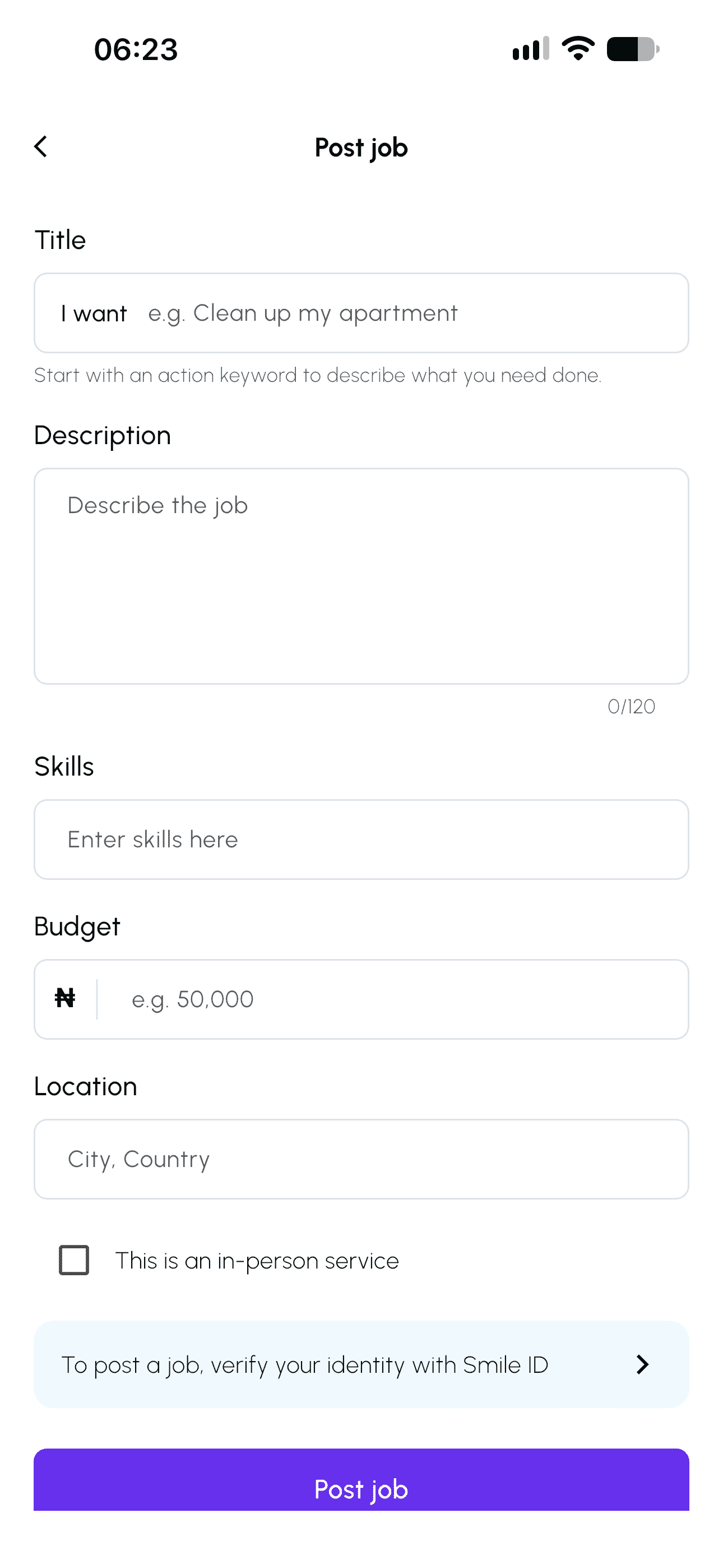 Post a job screen