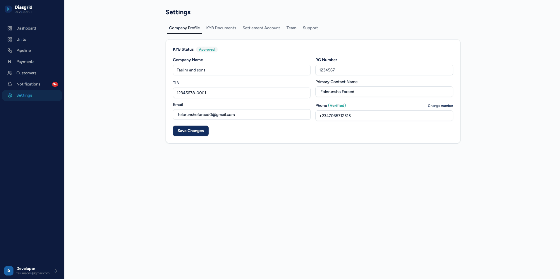 DiasGrid developer portal settings